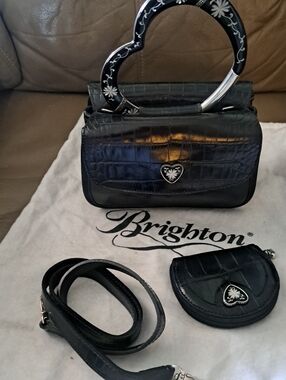 Brighton Cornelia Black Croc-Embossed Mini Bag with Heart Handle